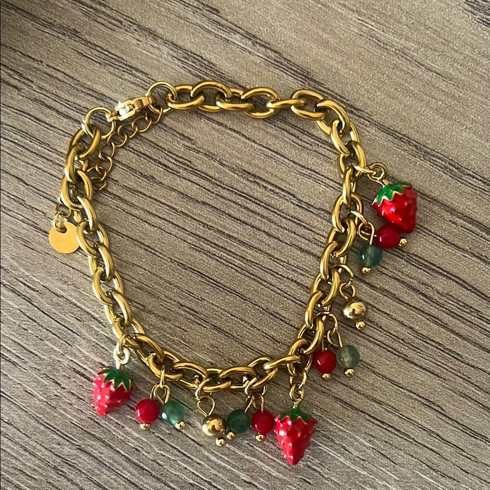 Gold Strawberry Charm Bracelet
